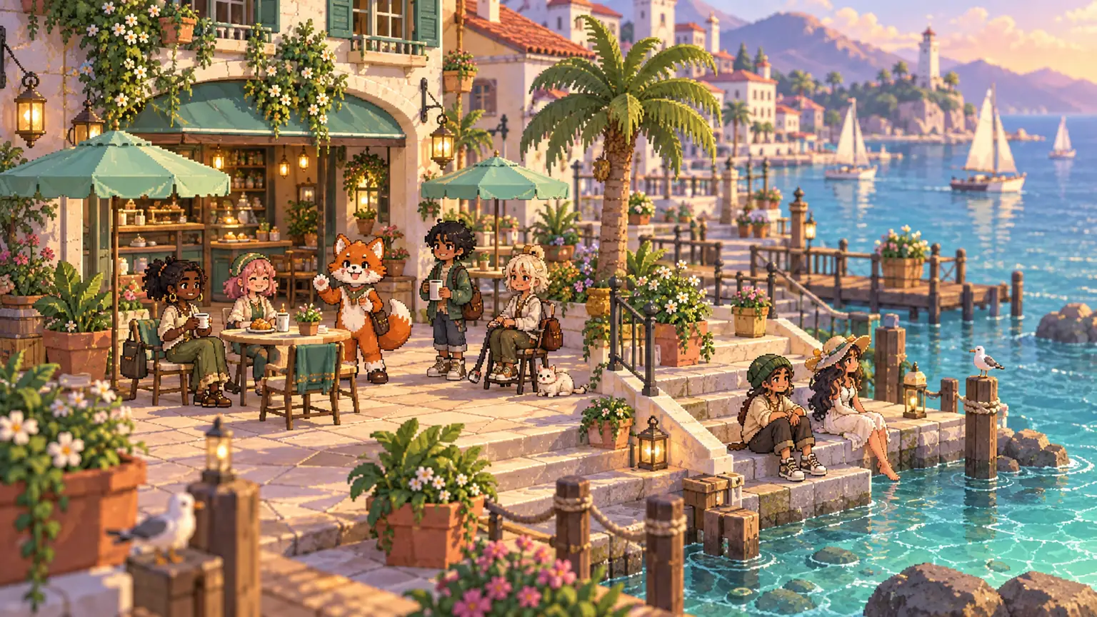 Friends in everyday clothes and a fox costume meet at a seaside cafe with accessible paths.